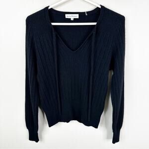 White + Warren Cashmere Sweater Womens Medium Black Ribbed Knit V-Neck Pullover